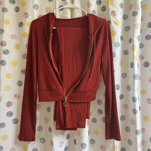 SHEIN Burgundy Ribbed Crop Hoodie & Leggings